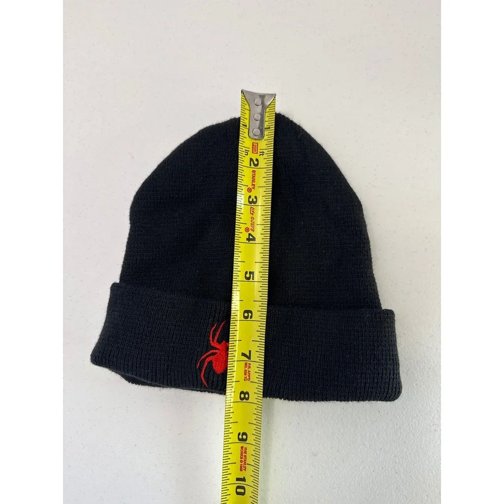 Kids Black Knit Beanie Hat Red Embroidered Spider Logo Acrylic Winter Cap